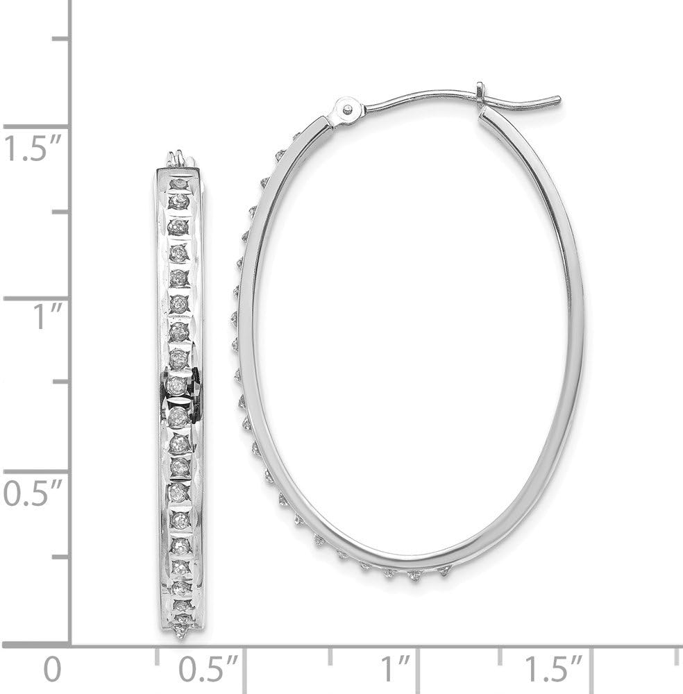 Real 14kt White Gold Diamond Fascination Oval Hinged Hoop Earrings