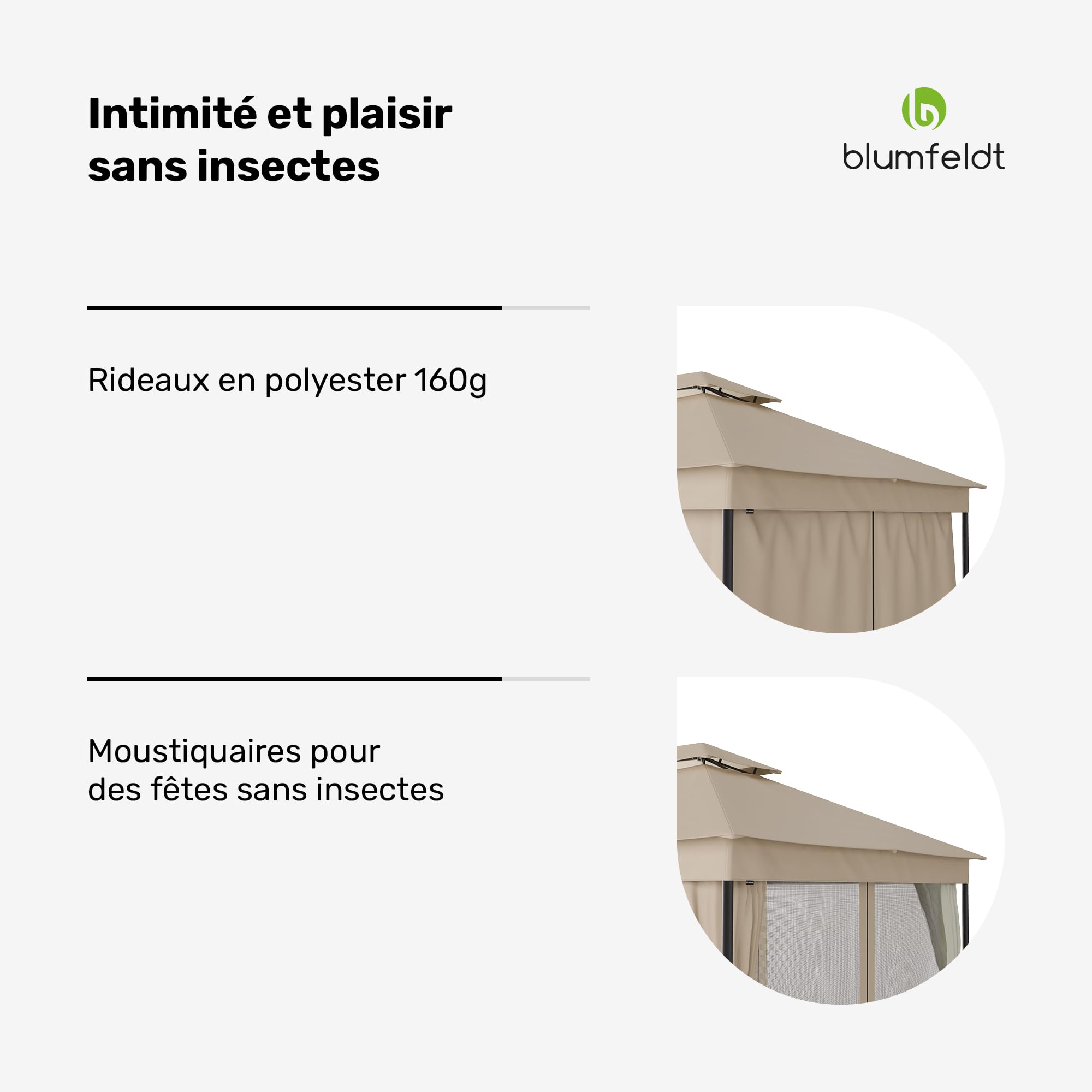 blumfeldt Mondo Dual Tonnelle 3x4 - Double Toit & Moustiquaires, Armature Métallique Résistante, Rideaux Inclus, Tonnelle de Jardin, Facile à Assembler, Beige