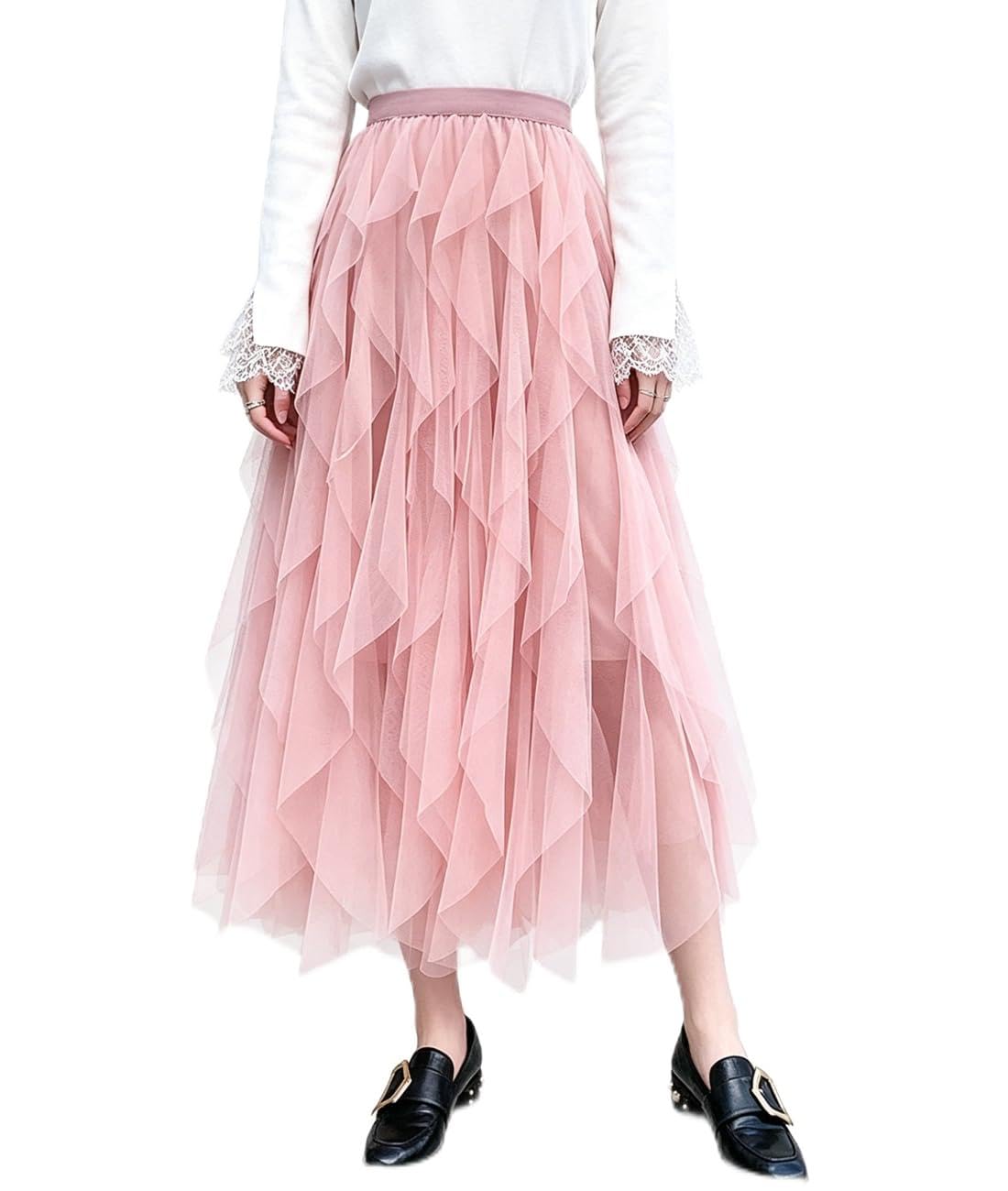 Femirah Women's Long Rainbow A Line Tulle Tutu Skirts Tiered Skirt Petticoat - Pink - One Size