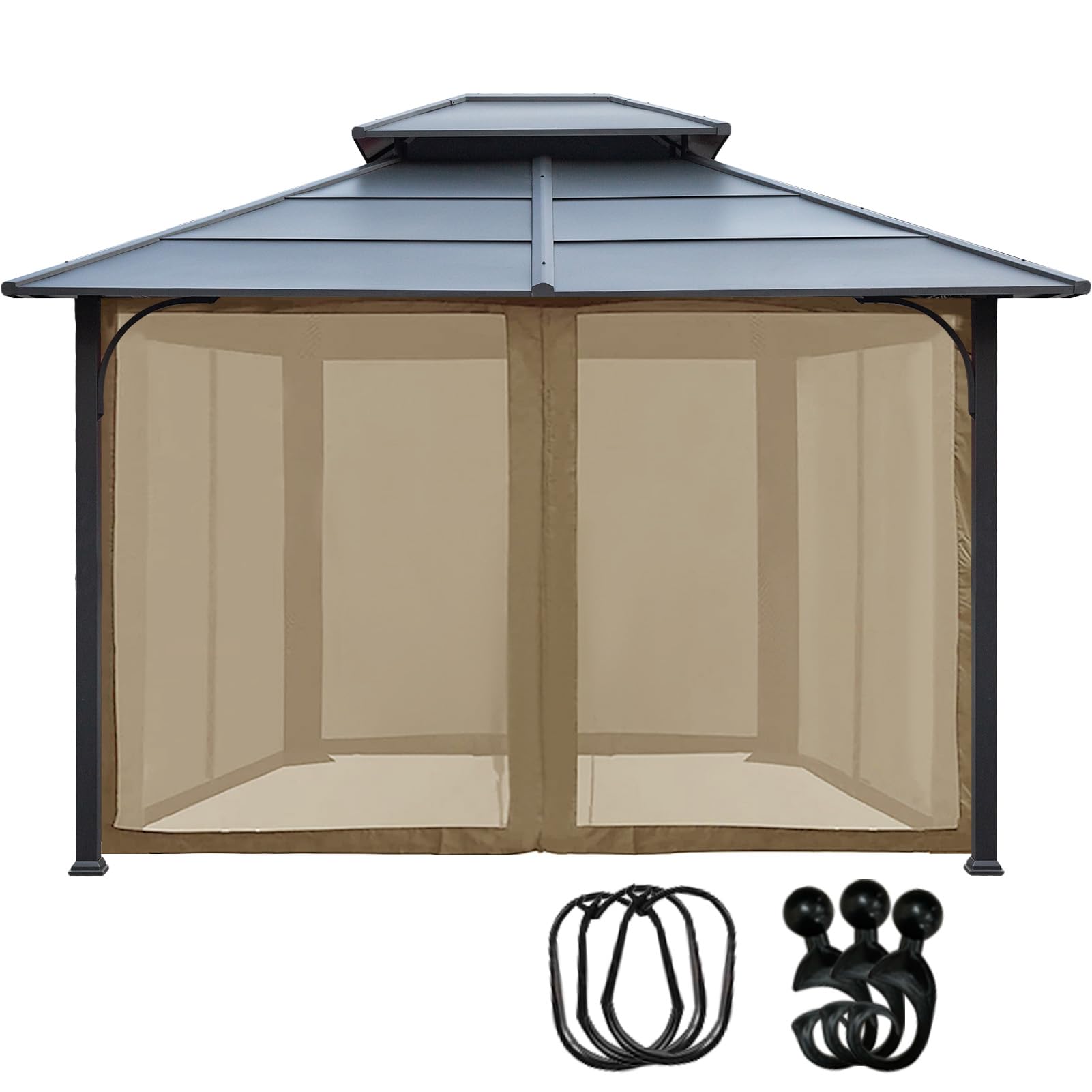 EasyLee Universal 10’ x 10’ Gazebo Replacement Mosquito Netting, 4-Panel Netting Walls for Patio with Zippers (Khaki)-picture-13