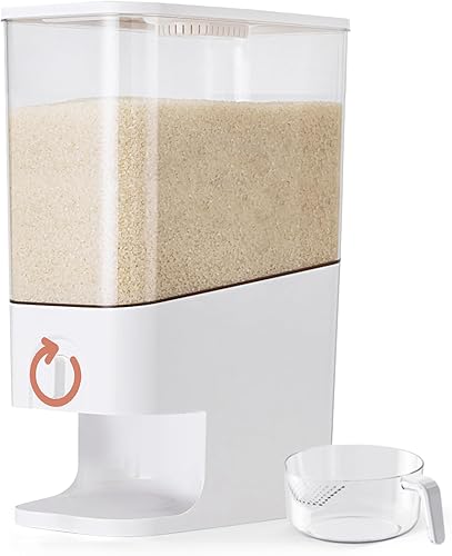 Dispensador de arroz de 22 a 25 libras, contenedor de almacenamiento de granos de 10.5 cuartos de galón / 10 L/25 libras con taza medidora,
