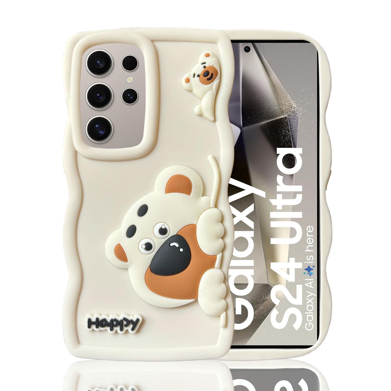 KC Back Cover for Samsung Galaxy S24 Ultra 5G - 3D Big Wave Cute Cartoon Character Hanging Bear Shockproof Soft Bumper Silicone Case with Camera Protection (White)
