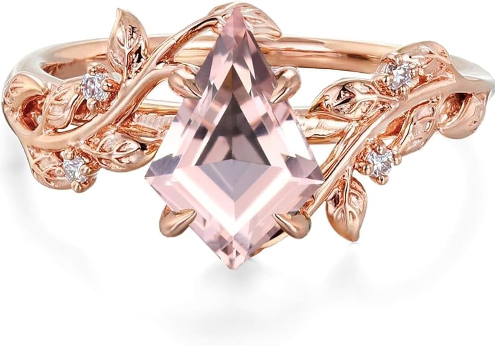 Ticon Pink Morganite Kite Cut Ring for Women in Rose Gold, Yellow Gold, or White Gold Plated 925 Sterling Silver ring