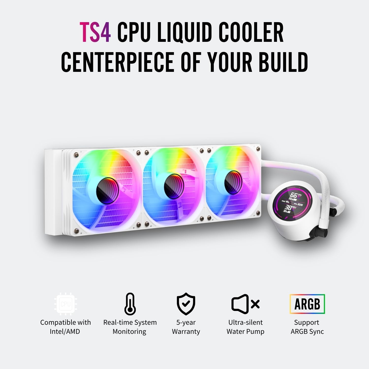 1ST PLAYER TS4 ARGB - Sistema di raffreddamento a liquido per CPU ARGB AIO, 360 mm, con display digitale, luce ARGB, 300 W TDP|PWM 3000 giri/min per AMD AM4/AM5, Intel LGA 115X/1200/1700/1851 (360 mm