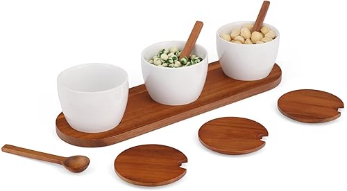 Miniatura 5 de Nambé Duets - Servidor de condimentos triple con tapas y cucharas, base de madera de acacia de 14 x 4 pulgadas con 3 cuencos de porcelana para