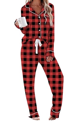 Aamikast Women's Pajama Sets Long Sleeve Button Down Sleepwear Nightwear Soft Pjs Lounge Sets - Plaid Red-1 - Medium