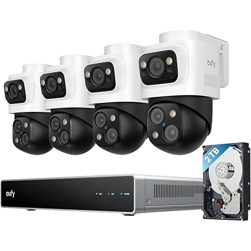eufy 4K NVR Security Camera System S4 Max, Power Over Ethernet, Wired, 24/7 Recording, Triple Lens Bullet-PTZ Cam, 360° PTZ, Up to 16CH, Cross-Cam Tracking, 8× Auto Zoom, Smart Video Search, 2TB HDD