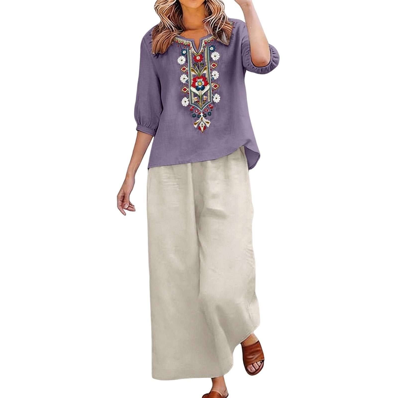 riou Conjunto Mujer Verano 2 Piezas Original Moda Algodon y Lino Traje de Primavera Ligero Chándal Blusa Manga 3/4 Pantalones Ropa de Playa Vacaciones Deportivo Casa Trabajo M-3XL