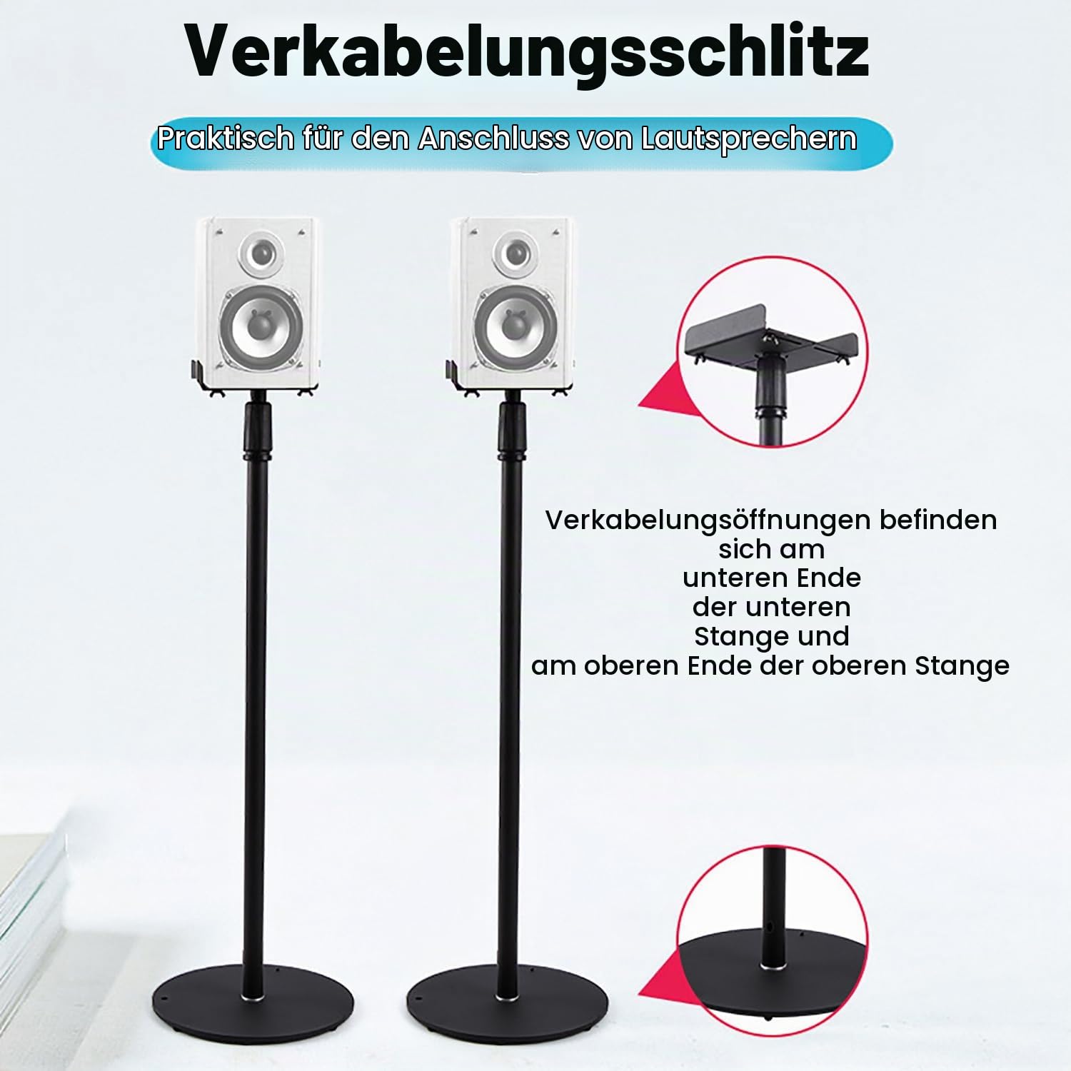 Lautsprecherständer，Boxenständer，Höhenverstellbereich:75-140cm，2er-Pack，Satelliten bis zu 8KG，Speaker Stand mit Ausziehbare Auflagenplatte und Interner Kabelkanal für Regallautsprecher