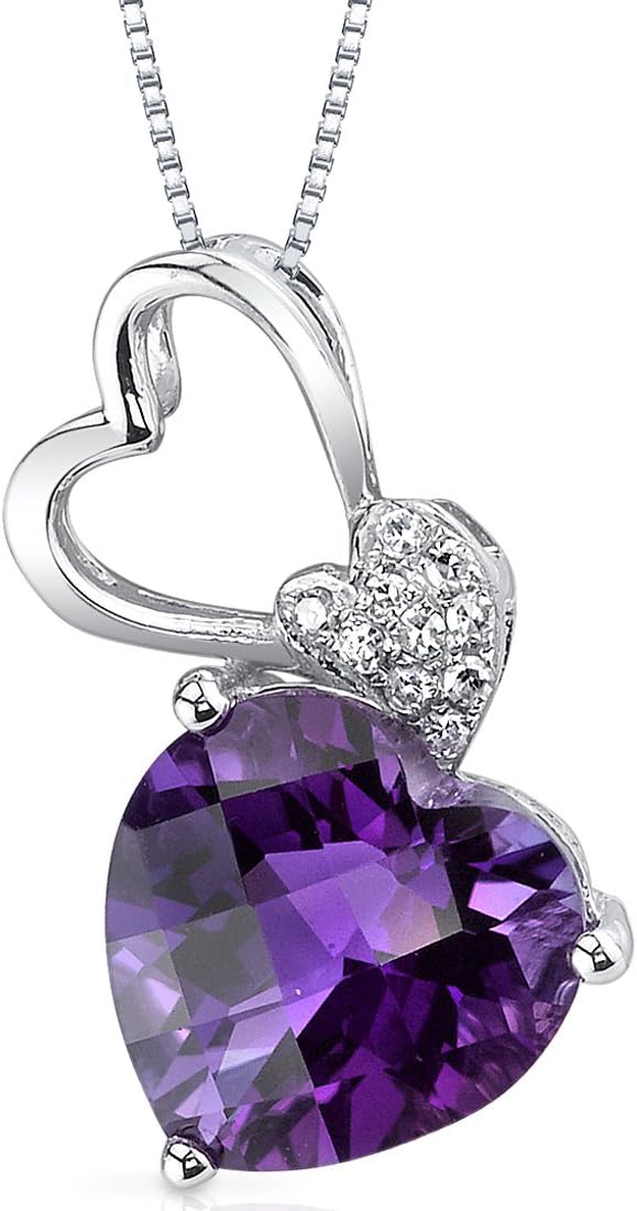 PEORA Amethyst and Diamond Sweetheart Pendant for Women 14K White Gold, Natural Gemstone, 2.33 Carats Heart Shape 9mm, Real Necklace, February Birthstone, w/Jewelry Box