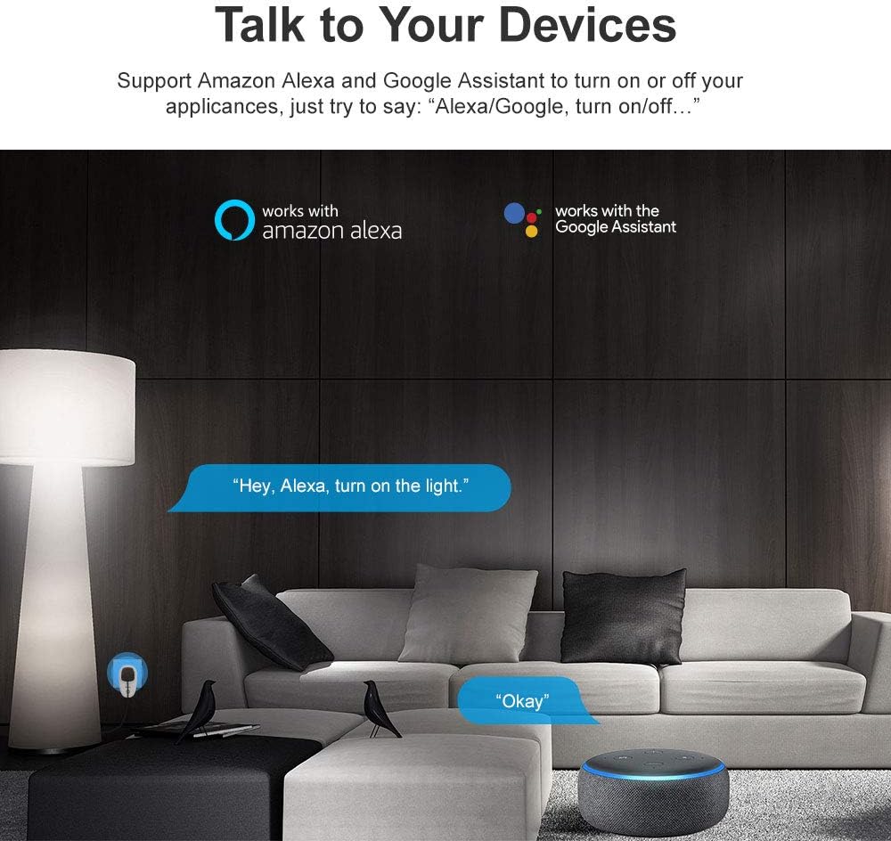 Living room scene with Amazon Alexa and Google Assistant logos, showing voice commands