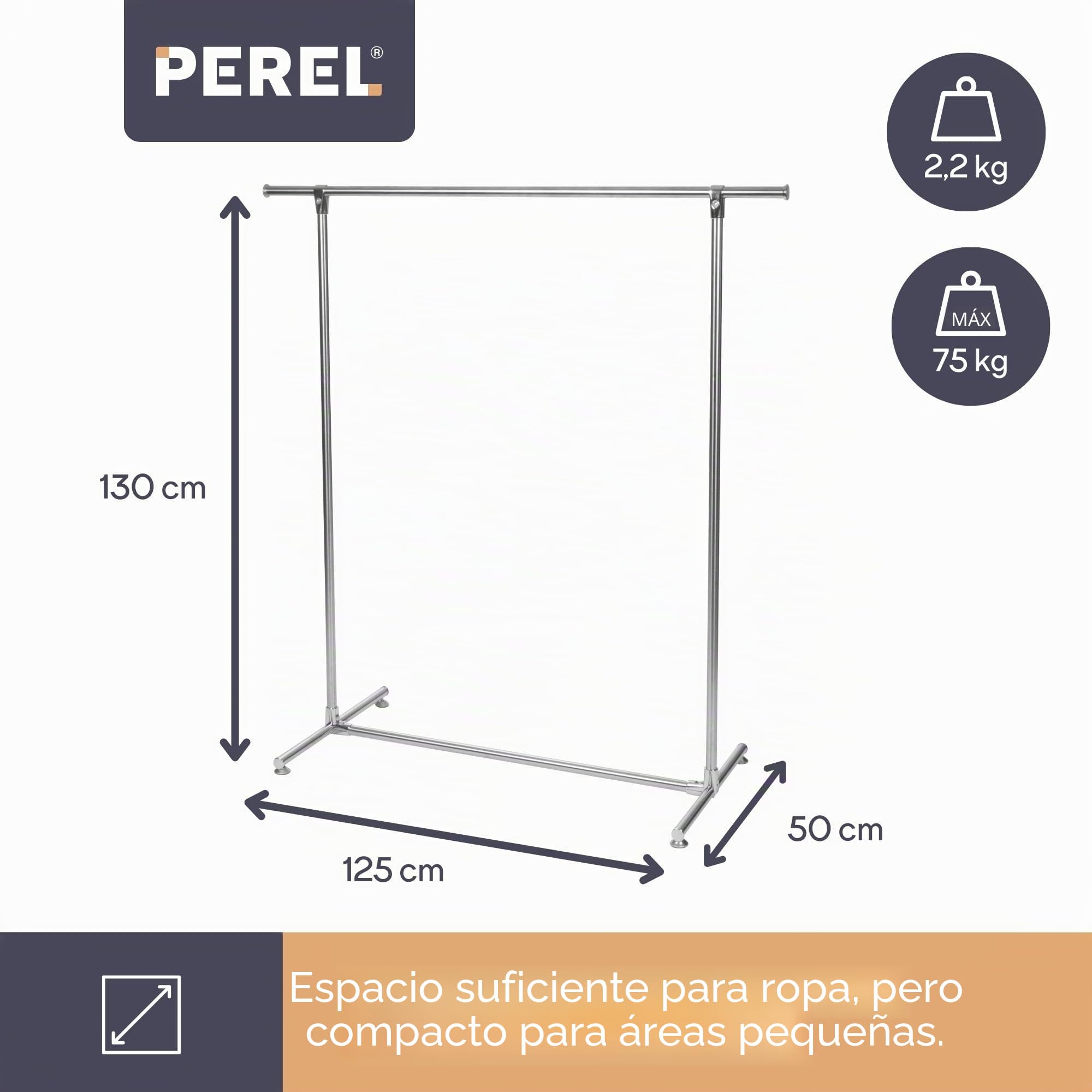Perel perchero metálico de pie con 1 barra para colgar, armario abierto para dormitorio recibidor vestidor, metal gris, perchero resistente, 125 x 50 x 130 cm