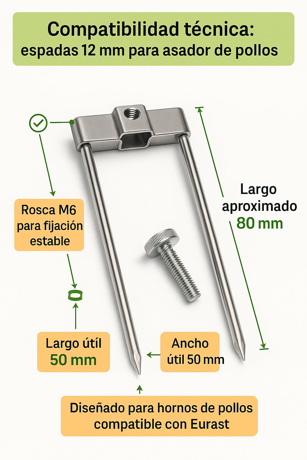 Pincho Asador con Tornillo Pack 5 Recambio Profesional para Asador Pollos Compatible con Eurast 97AP10002 Acero Inoxidable para Espadas 12mm Maquina Hosteleria Bar Restaurante