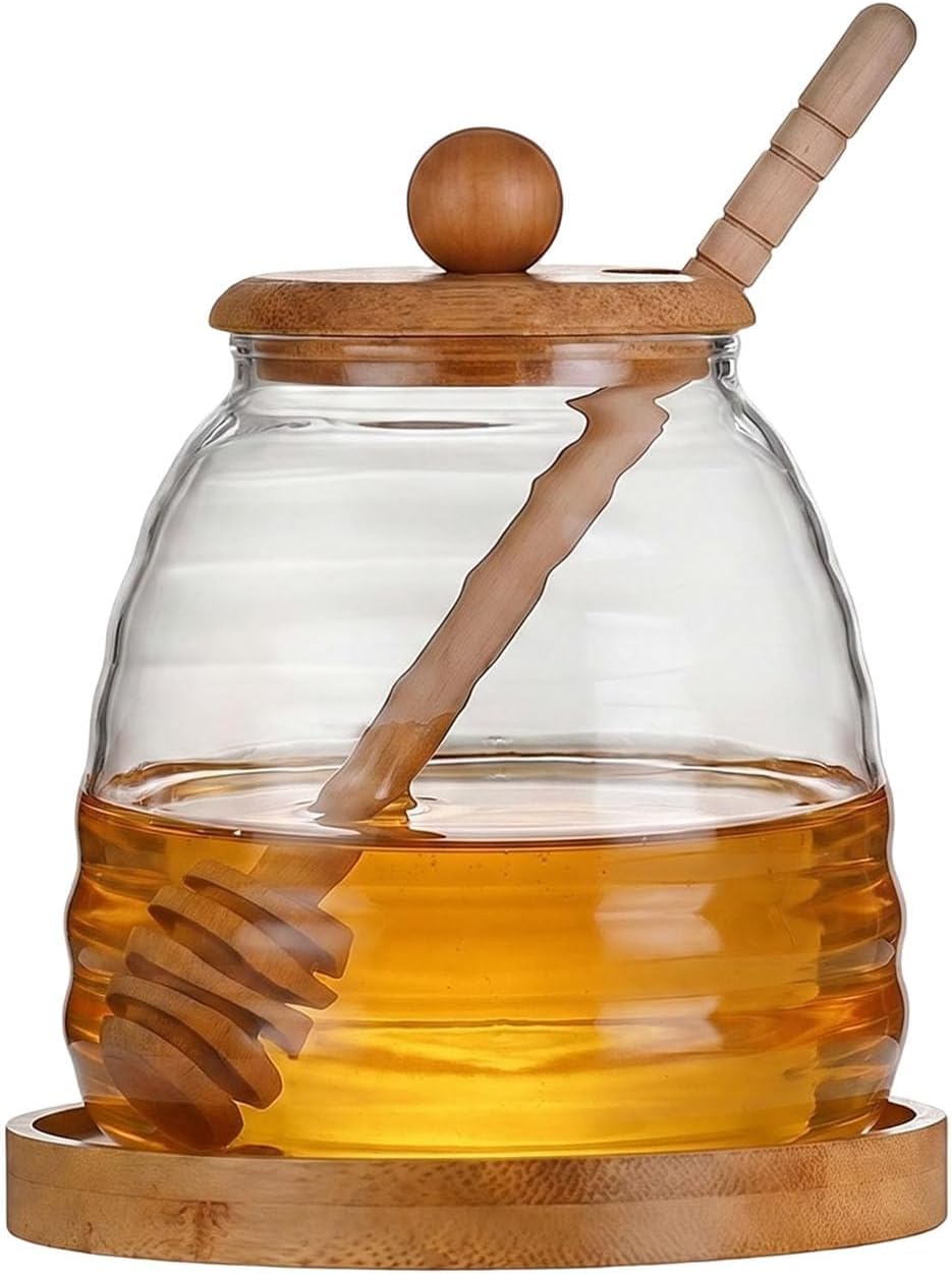 Beehive Glass Honey Jar with Lid and Dipper, Airtight Honey Pot with Matching Wooden Tray, Clear Honey Dispenser & Syrup Container for Home Kitchen (550 ml) (1 pcs)-image-35