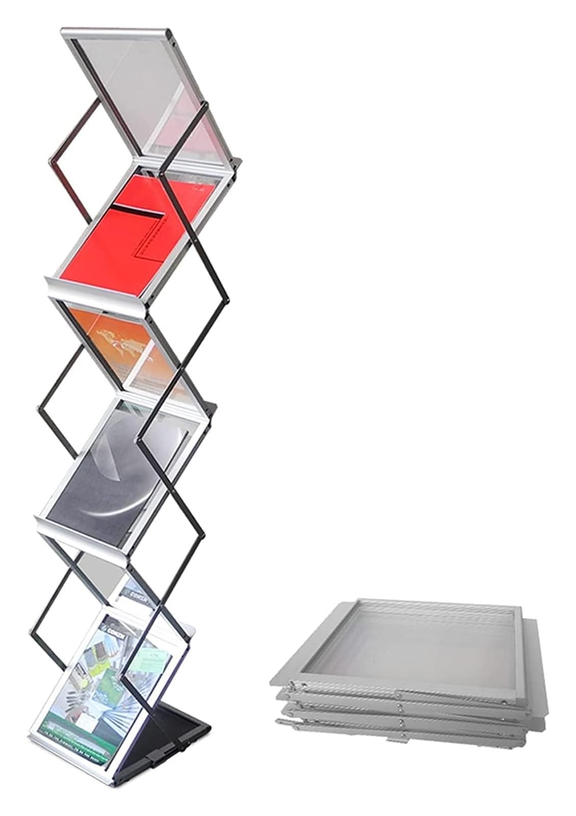 Revistero de pie, Expositor portafolletos, Soportes organizadores de documentos de aleación de aluminio, soportes de exhibición de archivos de doble cara, fáciles de montar y almacenar