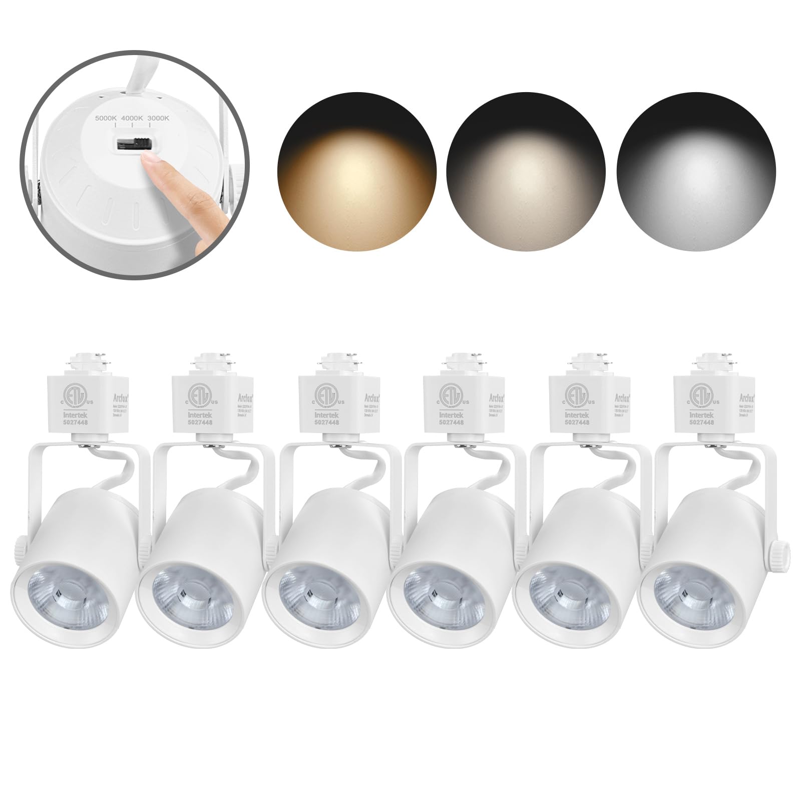 Arcfox 9W LED Track Lighting Heads – 3 Color Selectable (3000K/4000K/5000K), Dimmable, H-Type Track, 6 Pack Black