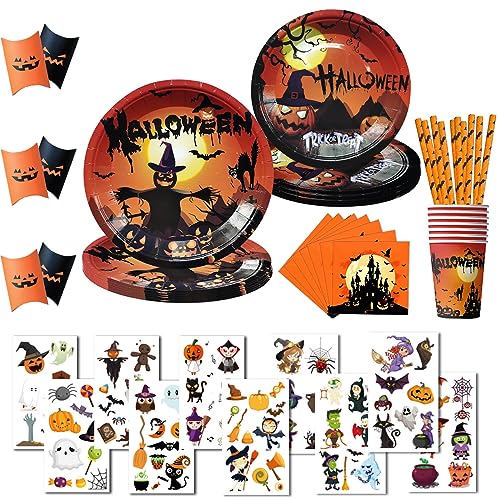 ASSUGO Halloween Geschirr 80 Stück, Halloween Tischdeko Set aus Pappteller Becher Servietten Strohhalme Bonbonbox Kürbis Tattoo Sticker, Halloween Partygeschirr für Kinder, Grusel Party (10 psc)