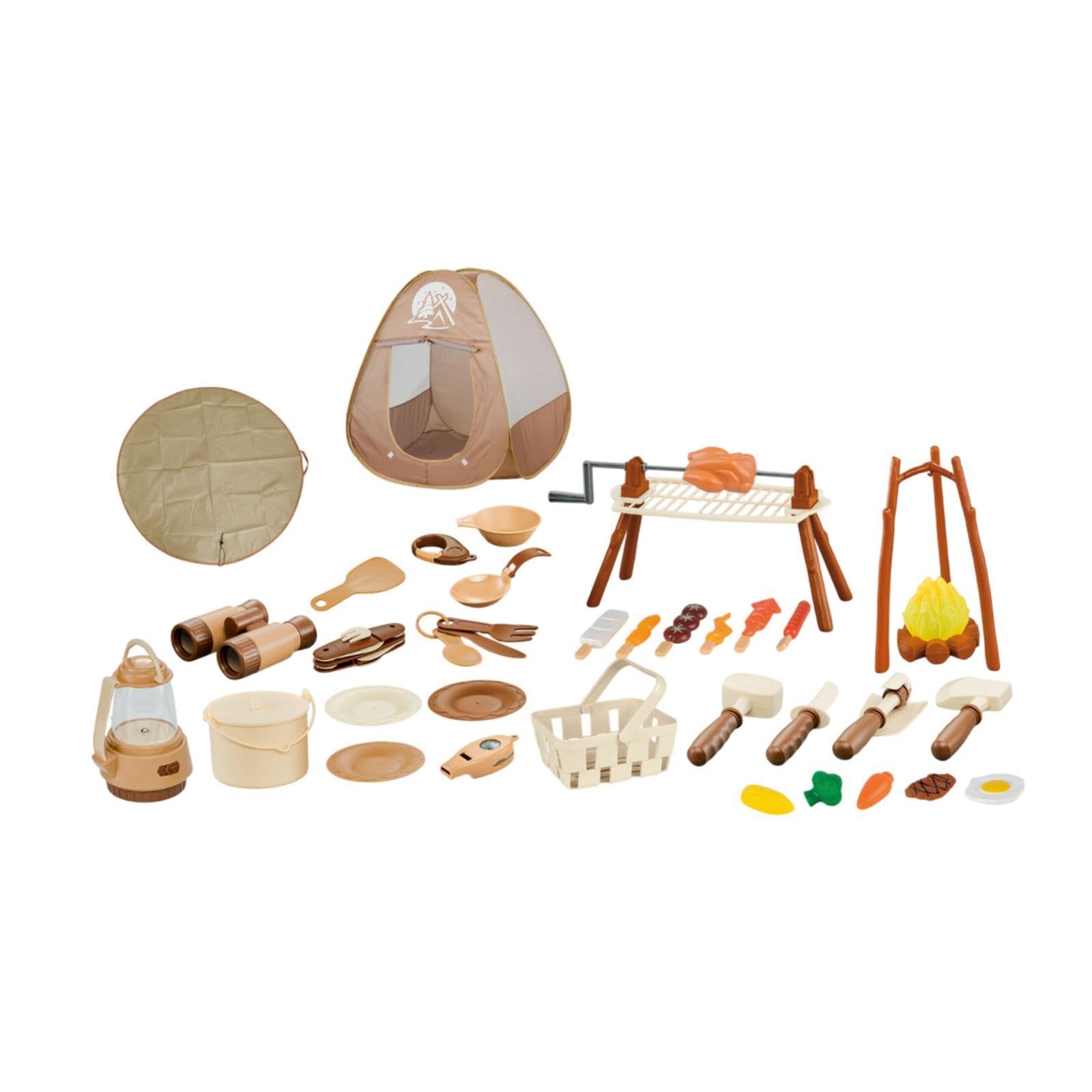 Almencla 35 Stück Kinder Camping Spielzeug Set mit Spielzelt Abenteuer Grill Lagerfeuer Kochutensilien Aus PP Material für Camping Indoor Outdoor Rollenspiel, 43 Stück