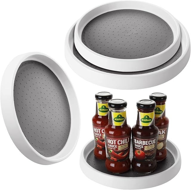 AKOLAFE 4PCS Lazy Susan Cupboard Turntable, 12Inch & 10Inch Rotating Lazy Susan Cupboard Organiser Spice Rack, Non Slip Condiment Holder for Kitchen Fridge, Pantry, Cabinet & Cupboards
