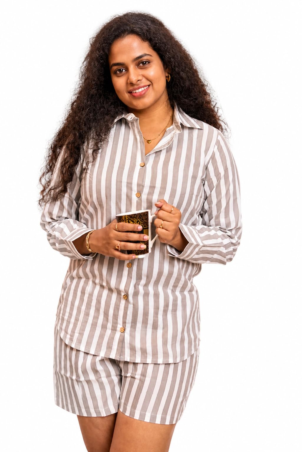 tanjari Fashions Women Hand Block Printed Grey Striped Co-Ord Set | Soft Cotton Shirt and Shorts Night Suit | Casual Loungewear Sleepwear Set for Women with Button Down Shirt-picture-55
