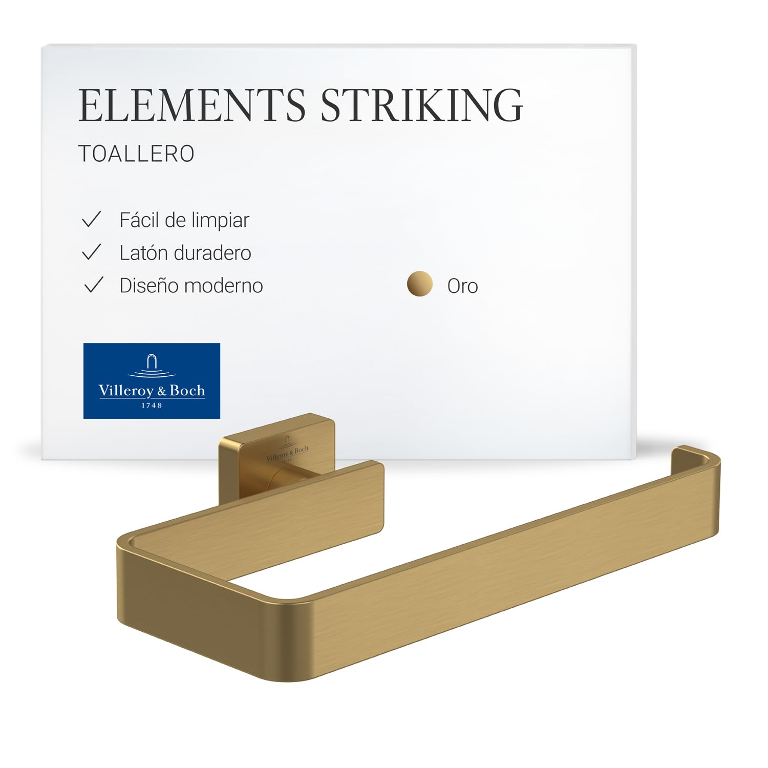 Villeroy & Boch Elements Striking, toallero, Barra para Toallas de latón para Montaje en Pared en el baño, toallero para Secado rápido, Cuadrado, Longitud 209 mm – Oro Cepillado