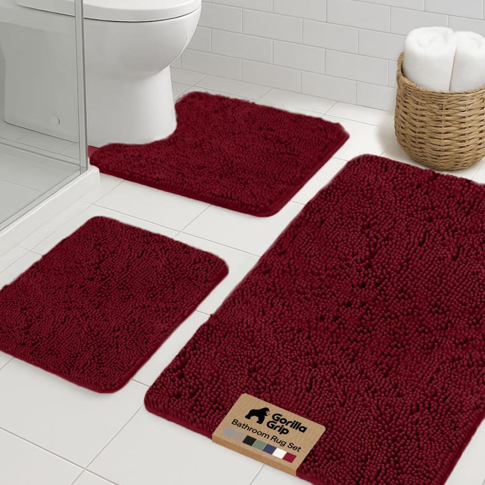 GORILLA GRIP Area Rug Sets and Oval Toilet Base, 3 Piece Burgundy