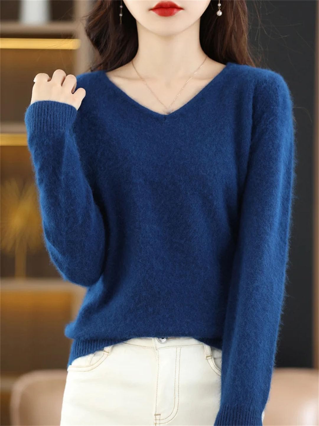 Maglione da donna caldo in cashmere con scollo a V, invernale, elastico, morbido, casual, basic