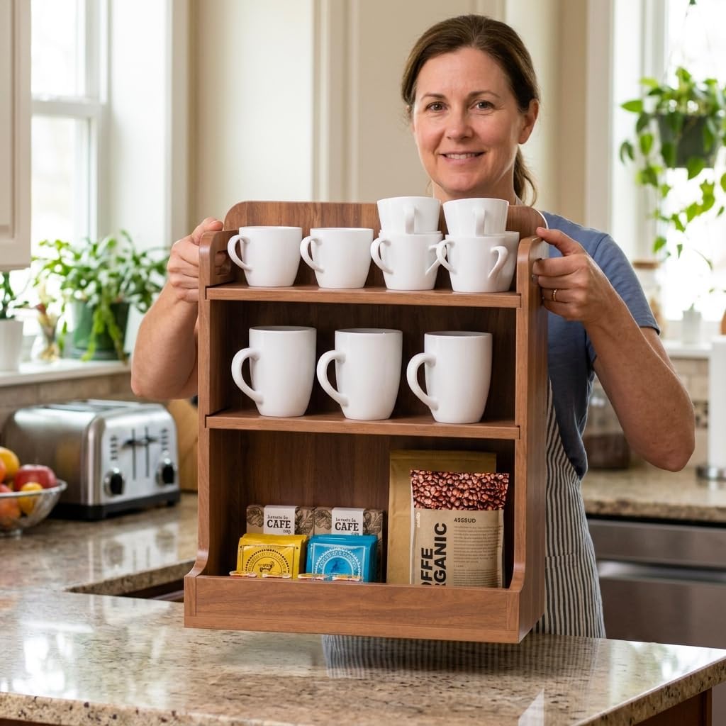 Solid Wood Matcha & Coffee Station Organizer, 3-Tier Countertop Mug Holder