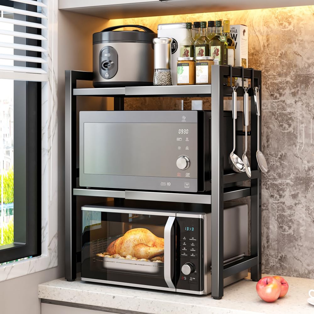 BELIFEGLORY Expandable Microwave Oven Rack, Kitchen Countertop Over Microwave Stand Shelf Unit, Kitchen Worktop Organiser for Air Fryer, Space Saving Standing Baker's Racks (Black / 3-Tier)
