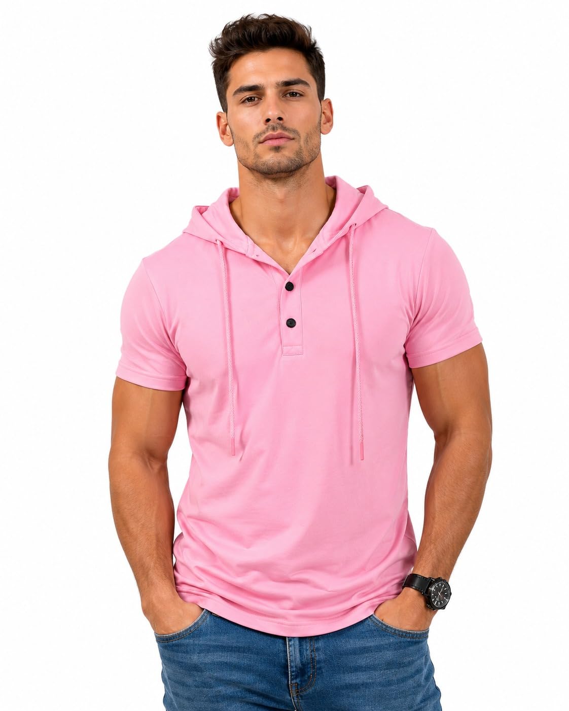 rabboni Men's Pink Hooded T-Shirt, Short Sleeve Henley Hoodie Tee, Casual Lightweight Summer Fashion Shirt with Drawstring Hood-picture-10