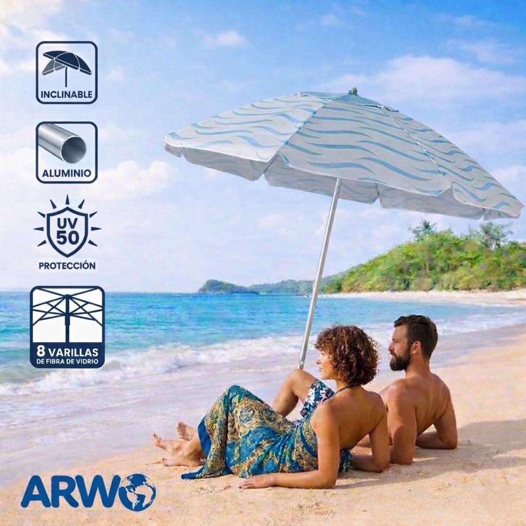Aremar Sombrilla de Playa Antiviento Airvent, Protección UV 50+, 8 Varillas de Fibra de Vidrio, Mástil resistente, Funda de Transporte con Asa
