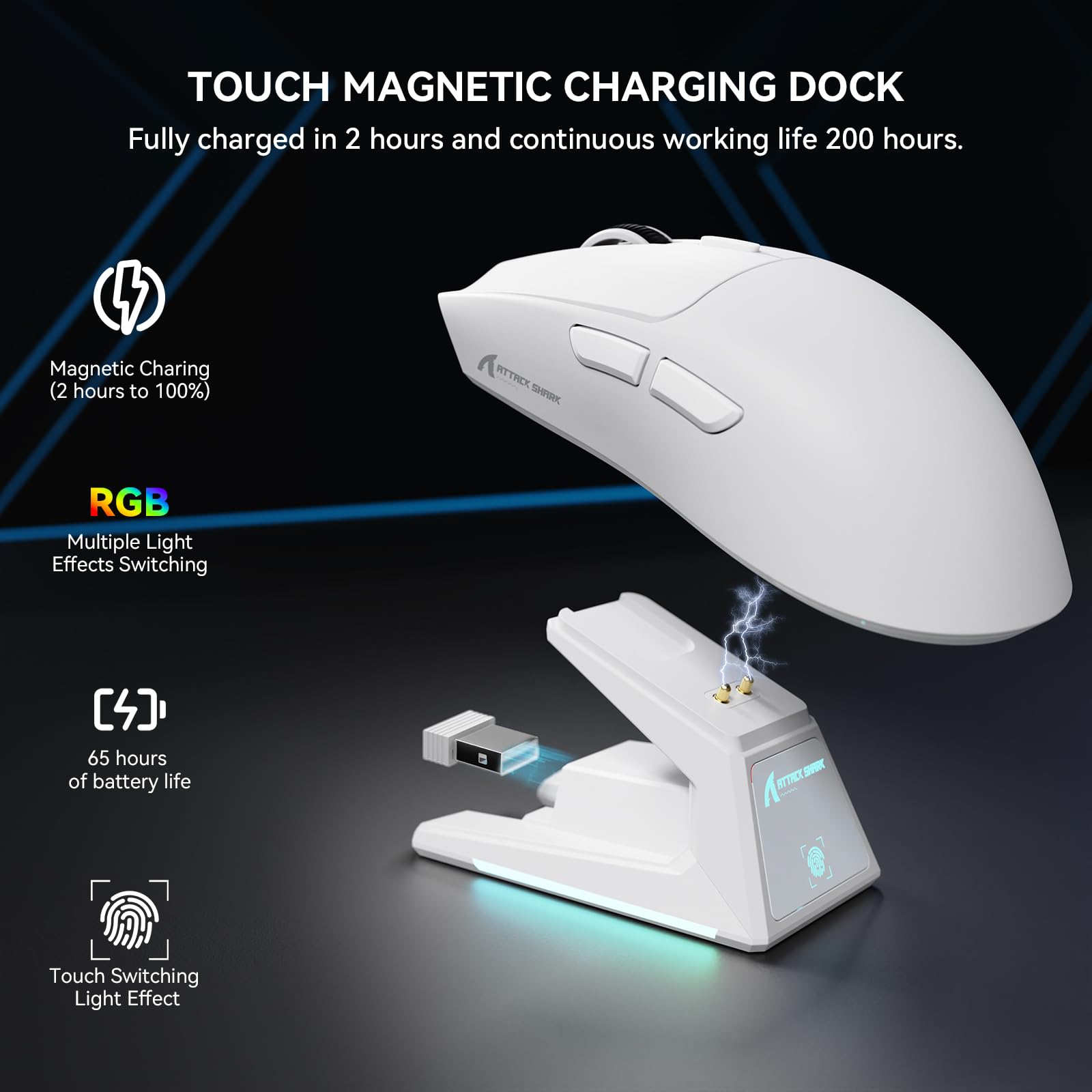 MAMBASNAKE x Attack Shark X1 Ratón Ligero para Juegos FPS con Base de Carga, 49g Superlight, Sensor PAW3395 Pro 40K dpi, Tasa de Sondeo de 1000Hz, BT/2,4G Inalámbrico/Cable, PC/Mac - Blanco