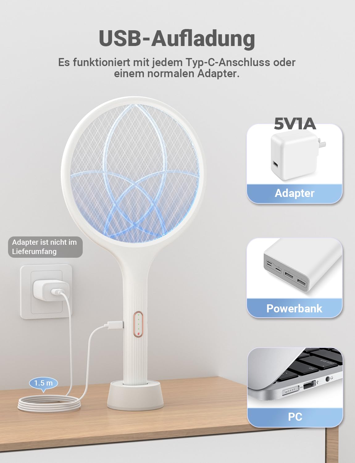 YISSVIC Elektrische Fliegenklatsche extra stark 4000V 2 in 1 USB C mit Akku Aufladbar Elektro Mückenklatsche mit UV Lichtfalle Weiß 1 STK.