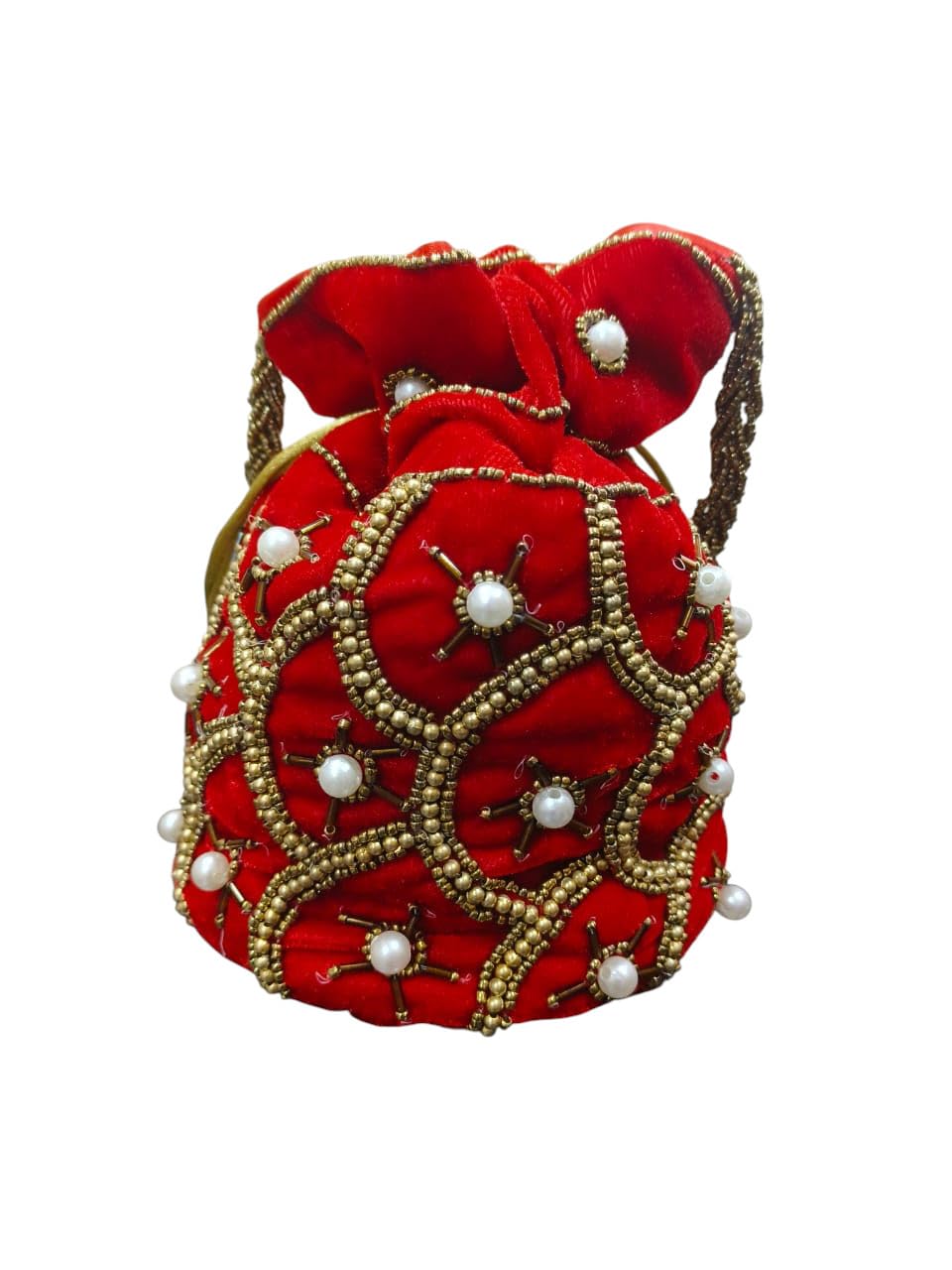 Red Velvet Potli Bag for Women - Bridal Hand Embroidered Pearl & Bead Work Wristlet - Traditional Indian Wedding Drawstring Purse-image-23