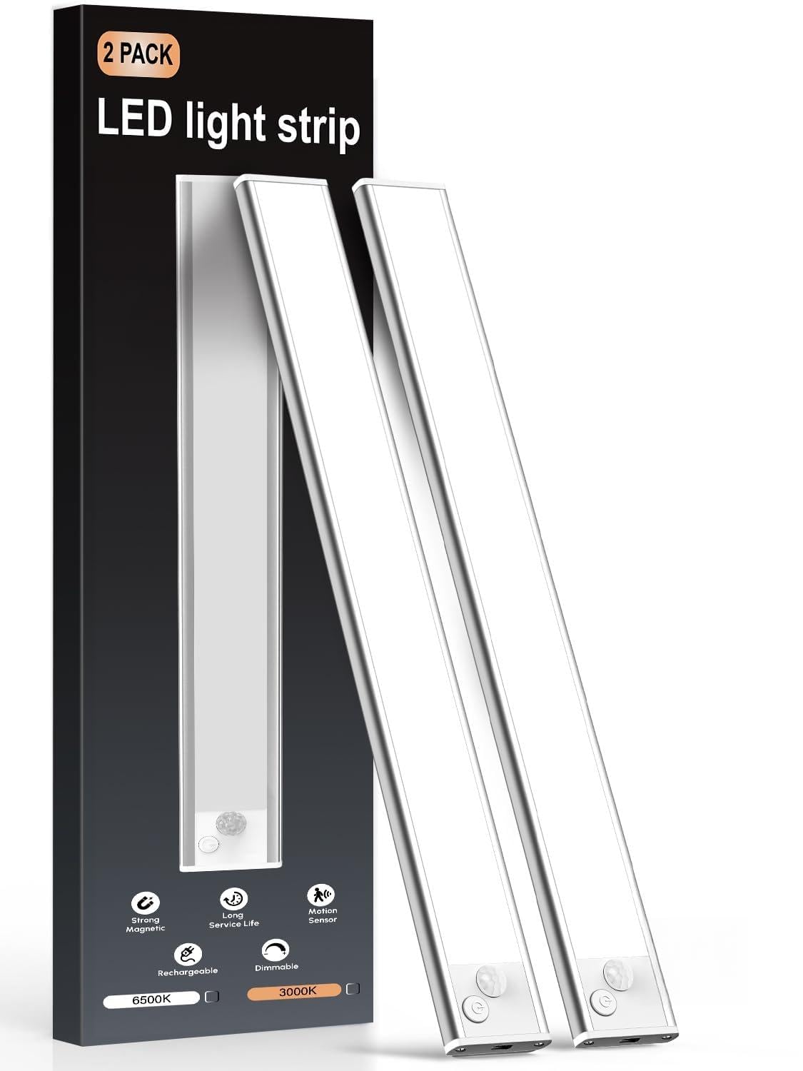 Demkia Iluminación para armarios de cocina, LED con detector de movimiento, 2500 mAh, recargable, batería de 6500 K, lámpara USB, barra de luz magnética, barra de luz inalámbrica