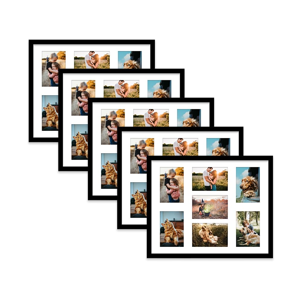 Black Multi Photo Frame - Holds 7 x 6x4 Pictures, Family Collage Picture Frame for Wall Display, 20x16 Frame size, Set of 5