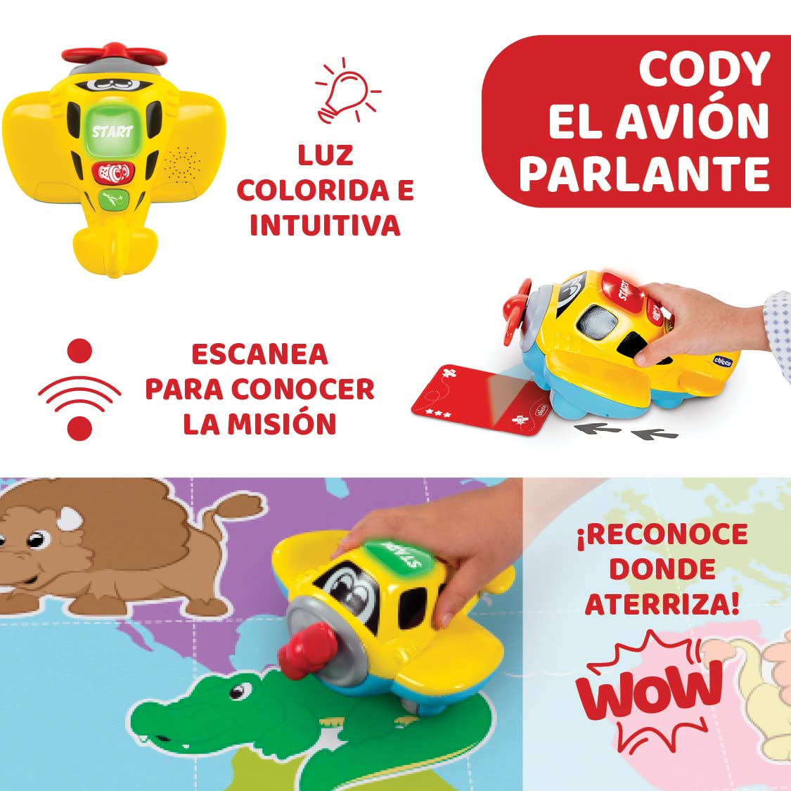 Chicco Cody Avión de Aventuras, Juego Educativo Edu4You con Alfombra de Juego Aprende a Programar y Codificar con una Alfombra Infantil de Gran Tamaño 110 x 80 cm Juguete para Niños de 2 a 6 Años