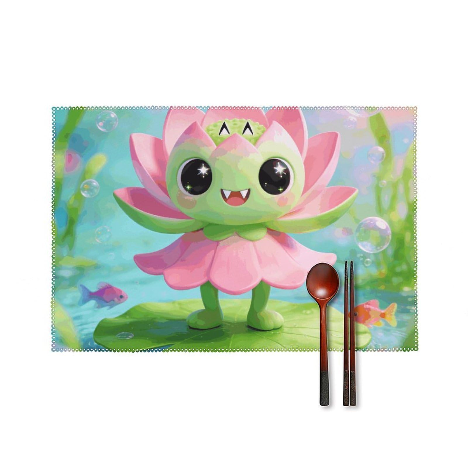 Green Pink Lotus Placemats Set of 6, 12x18 Inch Heat Resistant Washable Canvas Table Mats, Stain Resistant Decorative Dining Placemats for Kitchen, Restaurant, Outdoor Party