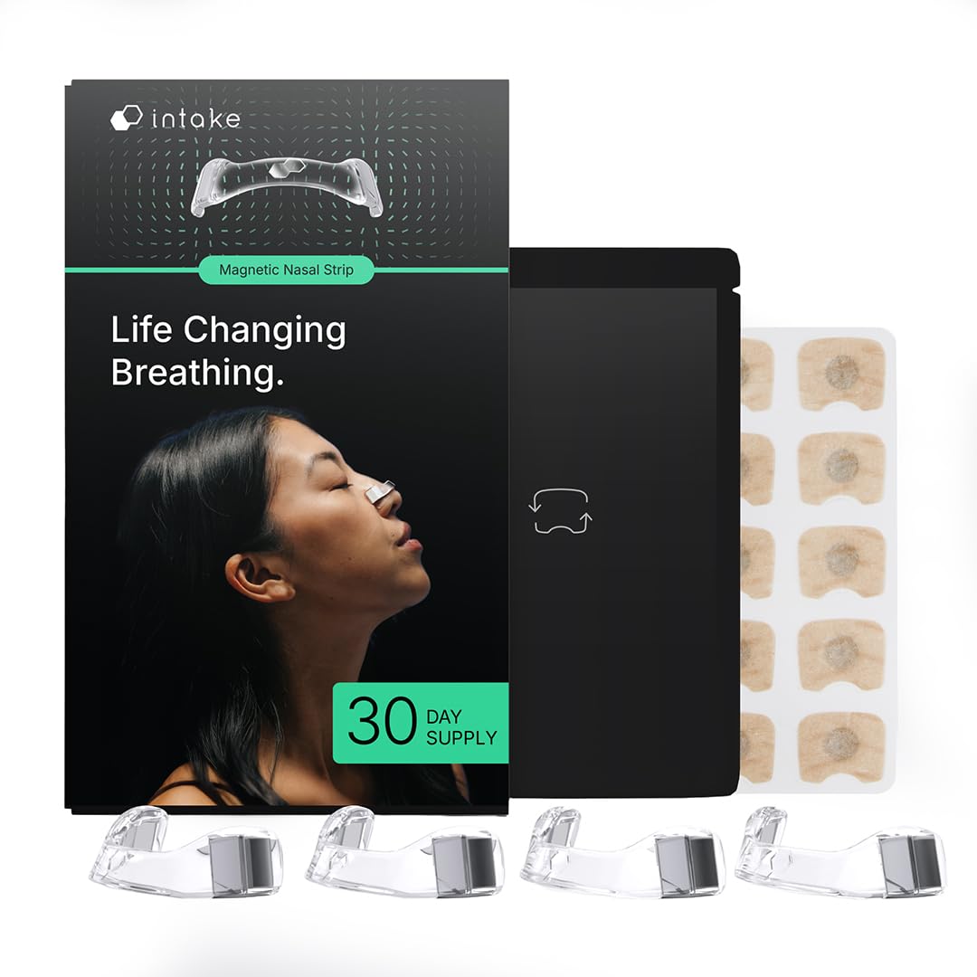 Intake Breathing — Magnetic Nasal Strips Starter Kit | Reusable Band + Tabs | Nasal Strips for Sleep, Snoring, Breathing &amp; Sports | Stronger Lift Than Traditional Nose Strips | 4 Sizes, 30 Tabs, Clear