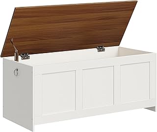 HOOBRO Storage Bench, 47.2" Retro Wooden Storage Chest, Wooden Storage Trunk, Toy Chest with Lift Top, Multifunctional Entryway Organizer, for Entryway, Living Room, White and Walnut WH412CW01