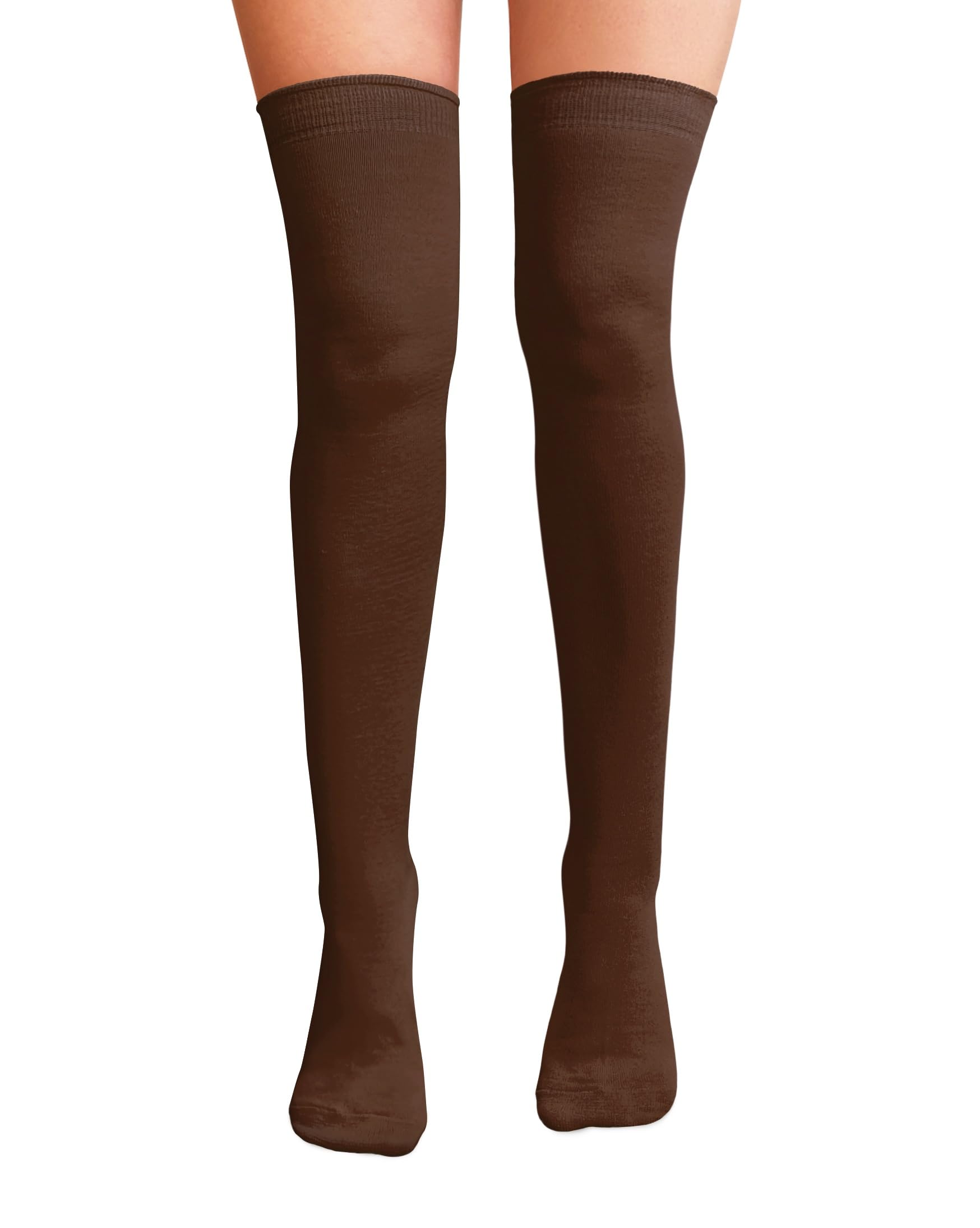 Nujake Girls Brown Over The Knee Thigh High Socks Plain Cotton Lycra Cosplay School Sox (Brown)
