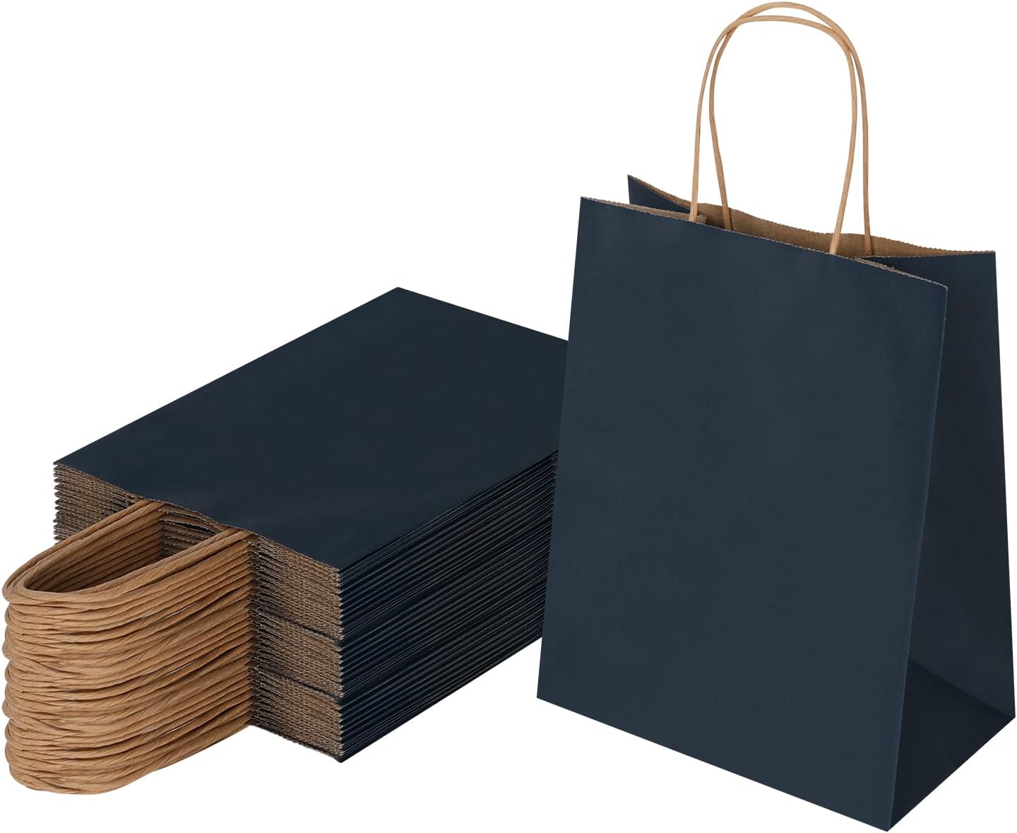 Joybe 50 Pack 8x4.75x10 Inch Medium Navy Blue Kraft Paper Bags with Handles Bulk, Craft Paper Gift Bags for Party Favors Grocery Retail Shopping Business Goody Merchandise Take Out Blank Sacks (50pcs)