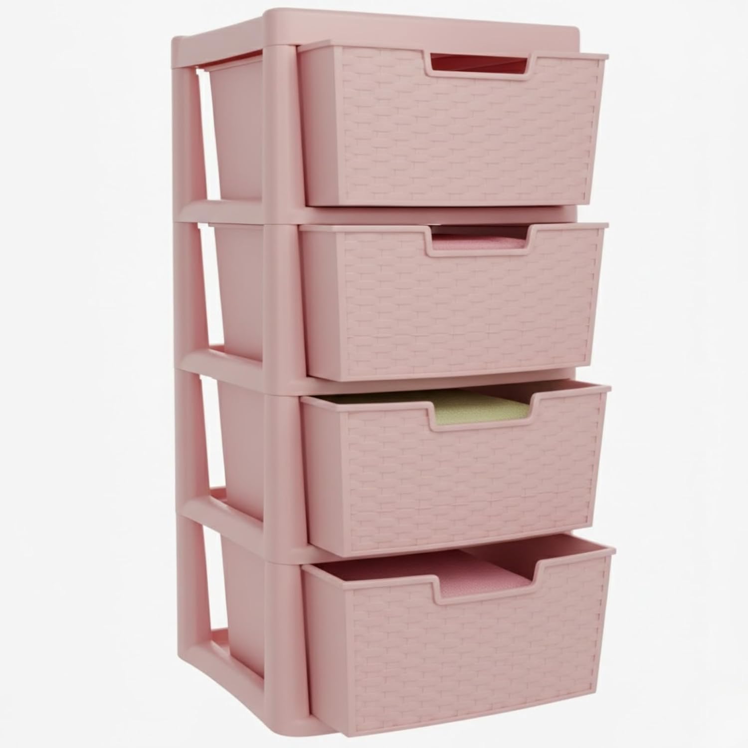 KYY'Z Large Drawer Storage Unit Tower Rattan Effect Large Organizer Chest Tower Unit Cabinet Trolley Home Bedroom Kitchen Office School Garage 39 (D) x 39 (W) x 62 (H) cm (Pink, 4 Tier)