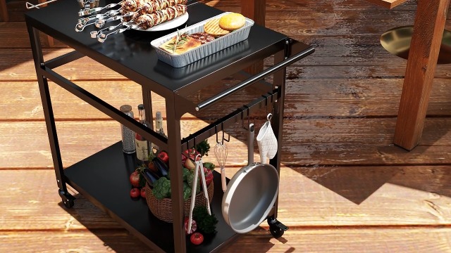 Desserte Jardin 3 Niveaux GOPLUS - Chariot Barbecue Mobile Inox, Étagère Réglable, Porte-Épices & Crochets