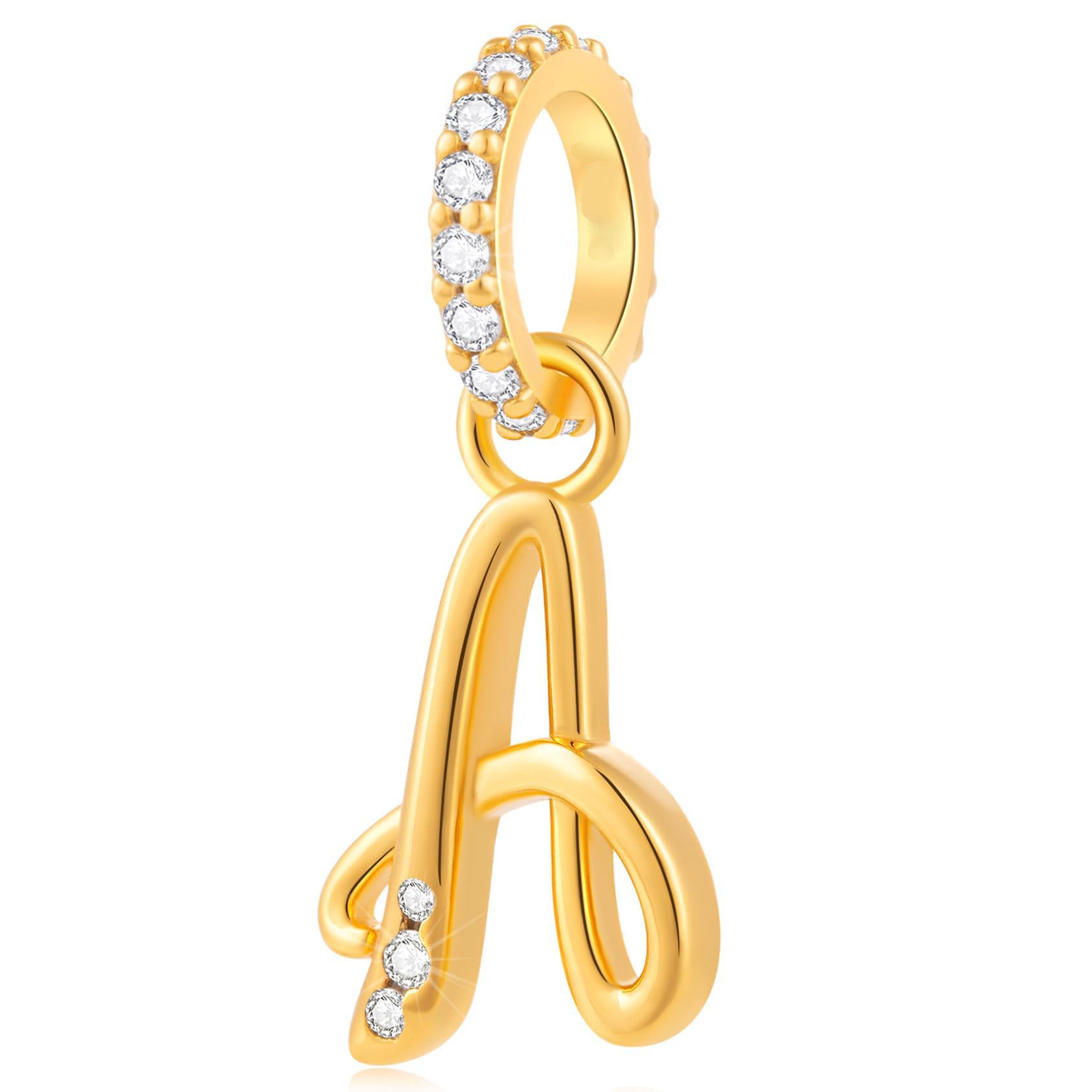 18k Yellow Gold Plated 26 Letter Dangle CZ Charms, 925 Sterling Silver Complete Initial A-Z Alphabet Beads, fits European Name Bracelet, Gift for Mother/Birthday/Daughter/Son/Sister/BFF