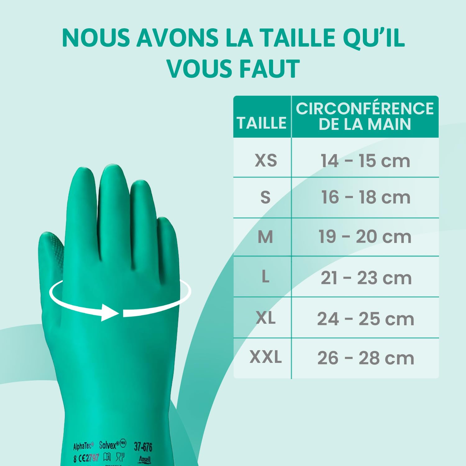 Ansell AlphaTec 37-675, Gants en nitrile résistant aux produits chimiques, Gants de travail imperméables, Gants de protection sans latex, Alimentation et nettoyage, Verts, Gants nitrile 2XL 12 paires