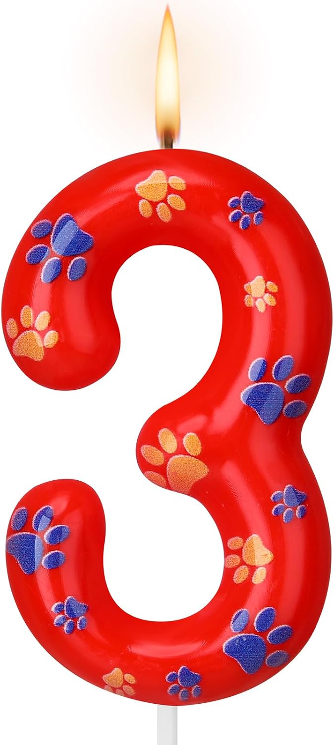 Conelist Number 3 Dog Paw Birthday Candle Cake Topper for Party Decor