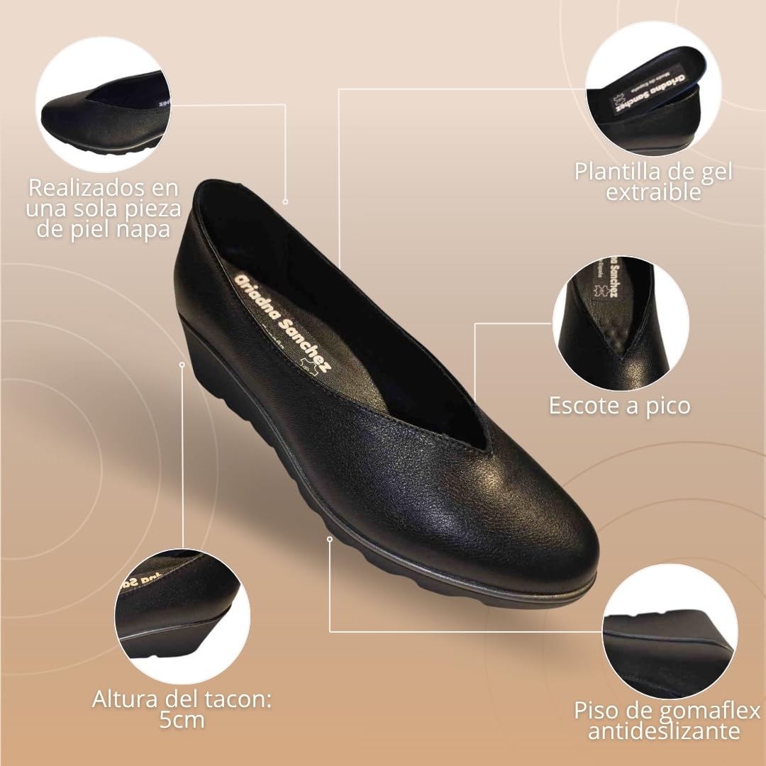 Zapatos Salón Mujer Vesta Cuña Plataforma, Cómodos, Azafatas, Trabajo. Calzado de Piel Fabricados en España Cuña Media 5cm