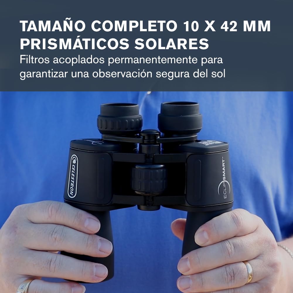 Celestron 71238 EclipSmart, prismáticos solares Porro 10x42 - según Norma ISO 12312-2, Superficie sujeción Goma, óptica Revestimiento Multicapa, Prisma BK7, Correa para Cuello y Estuche Ligero, Negro