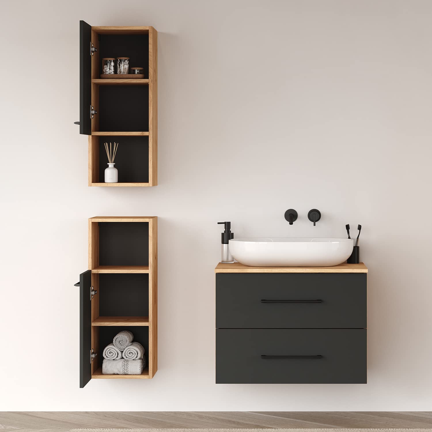 Planetmöbel Juego de Muebles de baño Lux 70 cm de Color Dorado Roble/Antracita sin Lavabo con 2 armarios Midi Dorados Roble/Antracita